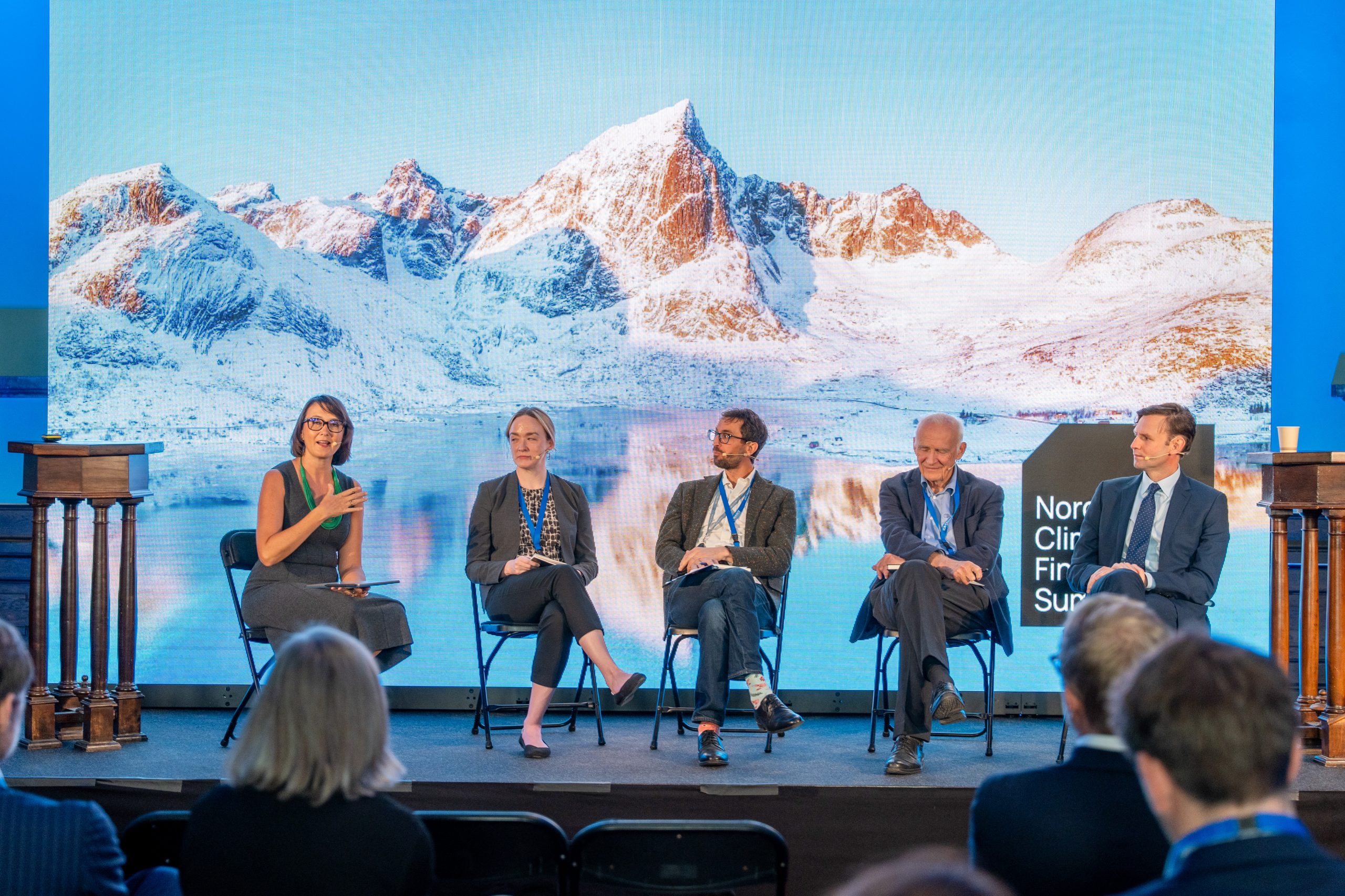 A five-person panel seated on stage at the Nordic Climate Finance Summit, Oslo